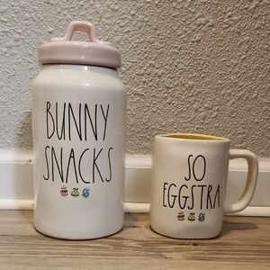Rae Dunn Easter Ceramic "Bunny Snacks" Canister And "So Eggstra" Coffee Cup EUC